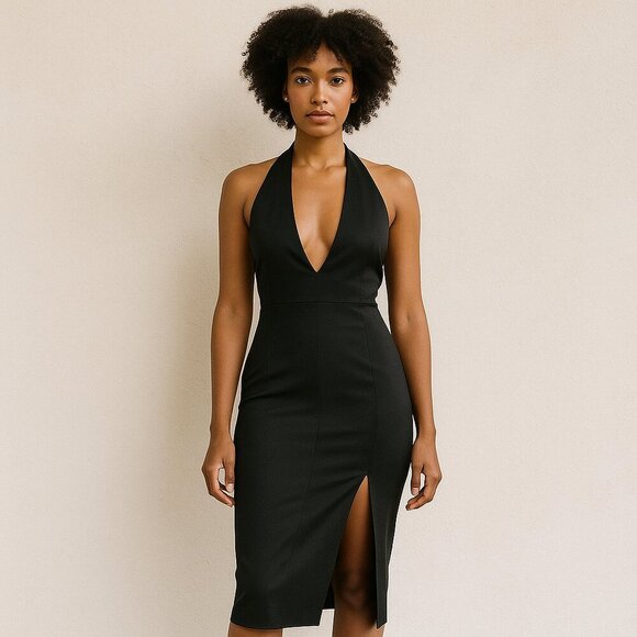 Lulus Black Halter Plunge Bodycon Midi Dress Size Medium - Picture 1 of 10